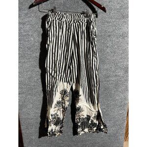 Cecile Wang Pants Womens One Size Black Linen Striped Wide Leg Tropical Italy